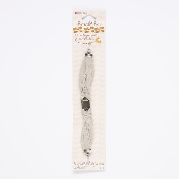 Bracelet component, acrylic / cotton / silver-finished "pewter" (zinc-based alloy) / steel, grey, 20mm wide, 6 inches. Sold individually. image number 0