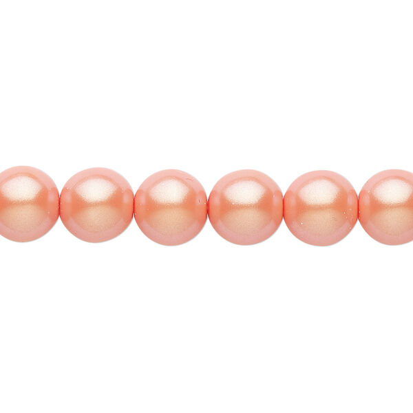 Bead, Czech pearl-coated glass druk, opaque iridescent light coral, 8mm round. Sold per 15-1/2" to 16" strand. image number 0
