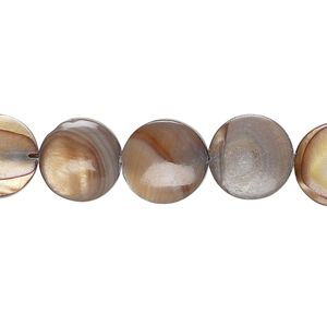 Bead, mother-of-pearl shell (dyed), brown, 11mm puffed flat round with 0.6-0.8mm hole, Mohs hardness 3-1/2. Sold per 15-inch strand.