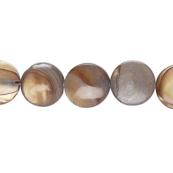 Bead, mother-of-pearl shell (dyed), brown, 11mm puffed flat round with 0.6-0.8mm hole, Mohs hardness 3-1/2. Sold per 15-inch strand. image number 0