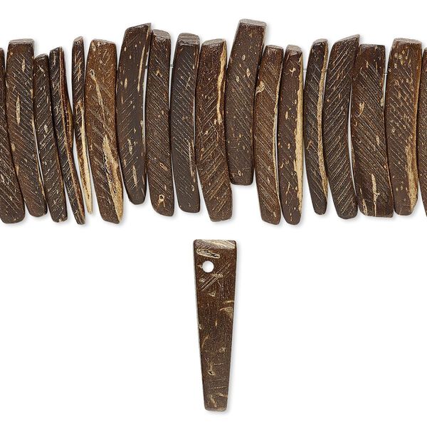 Bead, coconut palm wood (waxed), dark, 25x4mm hand-cut top-drilled stick. Sold per 15-1/2" to 16" strand. image number 0