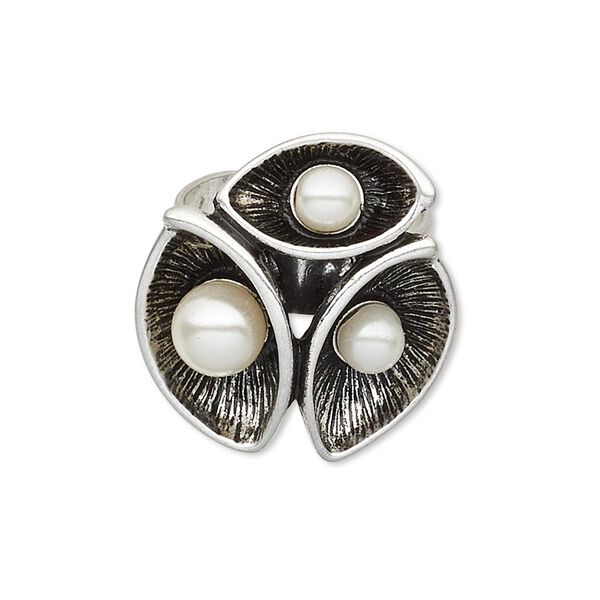 Ring, acrylic pearl and imitation rhodium-plated "pewter" (zinc-based alloy), white, 25x23mm triple flower design, adjustable. Sold individually. image number 0