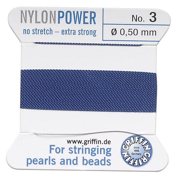 Thread, Griffin, nylon, blue, size #3. Sold per 2-meter card (approximately 78 inches). image number 0