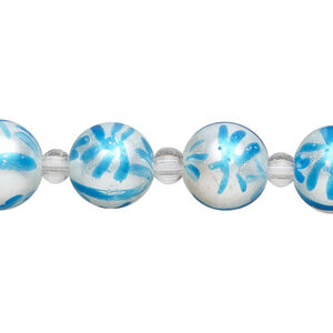 Bead, glass 1pkg8, opaque white and turquoise blue, 12mm hand-painted round.