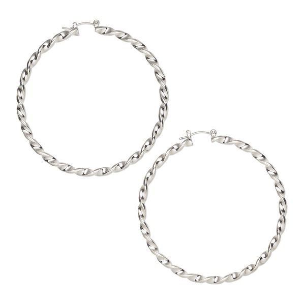 Earring hoop 1pkg2, 2.5 inch twisted / latch-back closure, silver-finished steel 1 pair image number 0