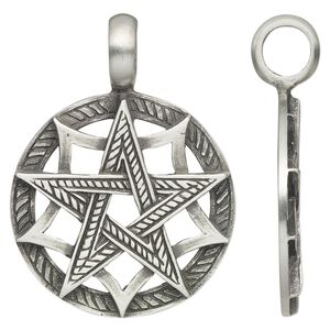 Pendant, antiqued pewter (tin-based alloy), 45x33mm single-sided round with pentagram design and 6.5mm hole. Sold individually.