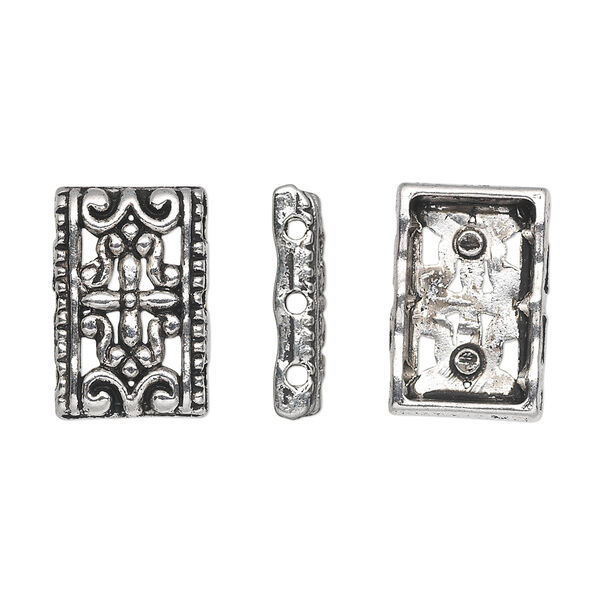 Spacer, antique silver-plated "pewter" (zinc-based alloy), 17x11mm 3-strand single-sided rectangle, fits up to 5mm bead. Sold per pkg of 20. image number 0