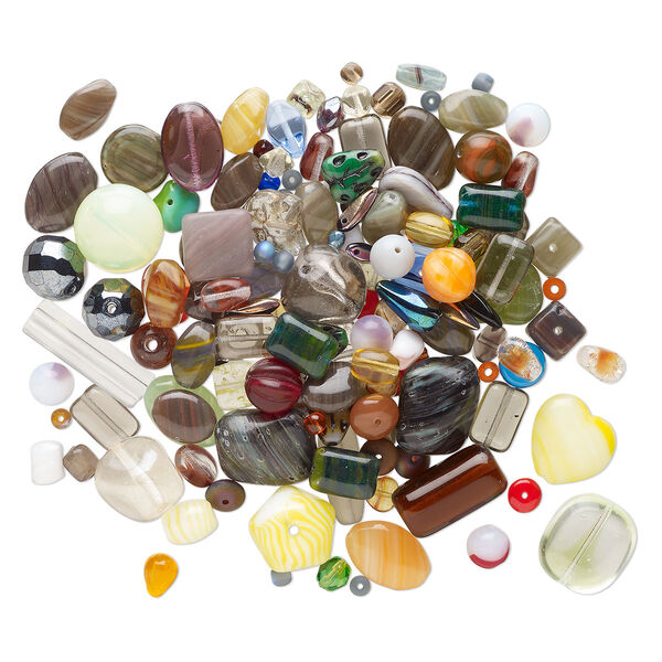Bead mix, pressed glass, opaque to transparent mixed colors, 3x2mm-30x20mm mixed shapes. Sold per 4-ounce pkg, approximately 140 beads. image number 0