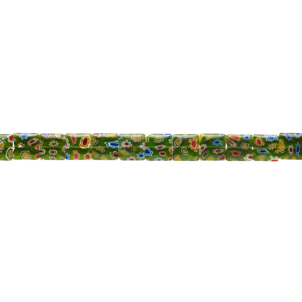 Bead, millefiori glass, translucent green and multicolored, 17x17-19x18mm puffed square with flower design. Sold per 14-inch strand. image number 1