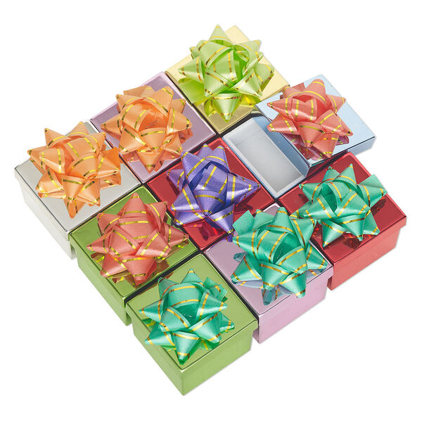 Gift box, ring, paper / plastic / nylon, mixed colors, 2 x 2 x 1-1/4 inch square with ribbon and white velveteen insert. Sold per pkg of 9. image number 0