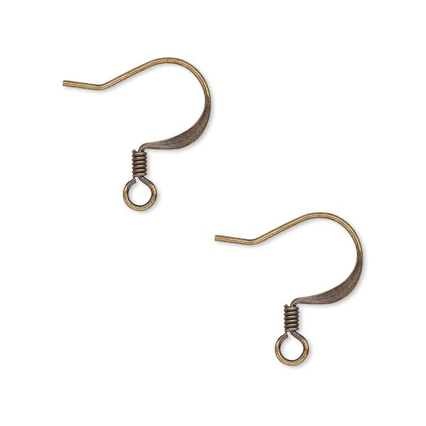 Ear wire, antique gold-plated brass, 17mm flat fishhook with 2.5mm coil and open loop, 22 gauge. Sold per pkg of 250 pairs. image number 0