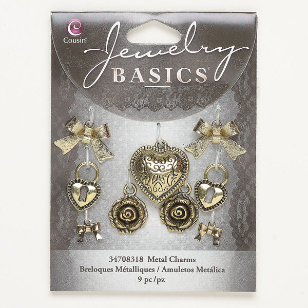 Charm assortment, steel and brass, pkg/9, antique gold finish, 9x7mm-21x20mm assorted shapes. image number 0