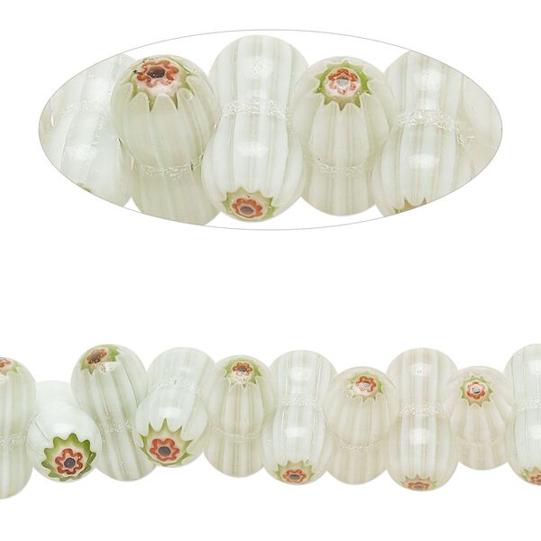 Bead, millefiori glass, translucent light sage and multicolored, 12x6-12x7mm peanut with sunburst and stripe design. Sold per 14-inch strand. image number 0