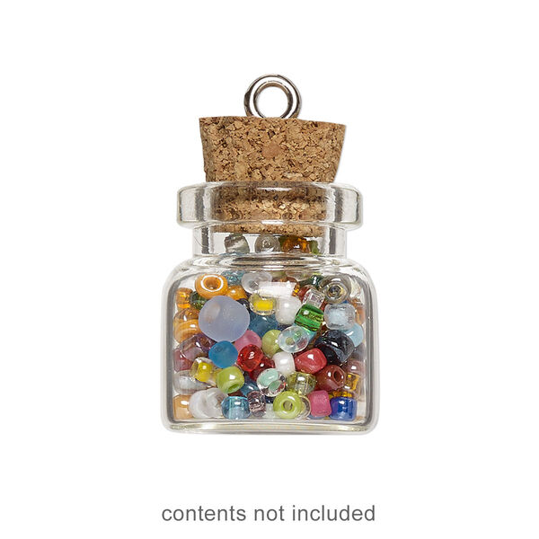 Component, glass / cork / nickel-finished steel, clear, 20x19mm bottle with stopper and screw eye. Sold per pkg of 100. image number 0