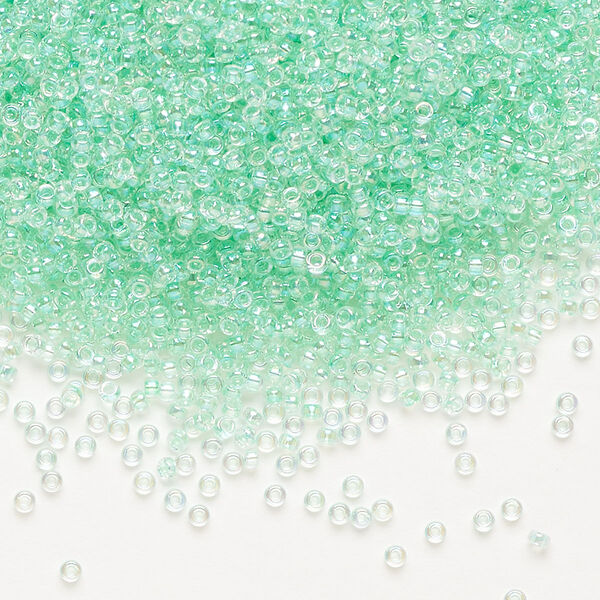 Seed bead, Miyuki, glass, pkg/250g, #15 rocaille, translucent light mint green-lined rainbow crystal clear (RR-271). image number 0