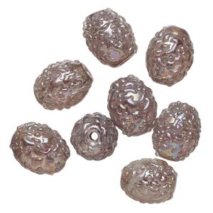 Bead, lampworked glass, translucent purple AB, 15x12mm textured oval. Sold per pkg of 8.