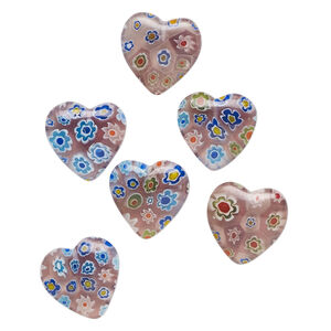 Bead, millefiori glass, translucent light purple and multicolored, 17-20mm half-drilled puffed heart. Sold per pkg of 6.