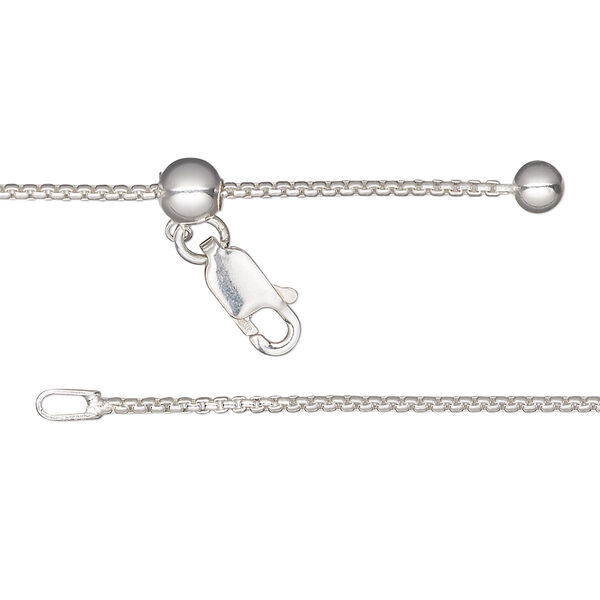 Chain, Gossamer™, sterling silver and silicone, 1.2mm box with 4mm ball and 5mm adjustable slider bead, adjustable from 16 to 24 inches with lobster claw clasp. Sold individually. image number 0