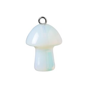 Drop, sea "opal" glass and imitation rhodium-plated brass, 20x15mm hand-carved 3D mushroom. Sold individually.