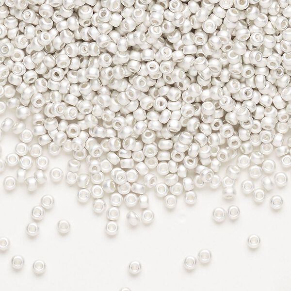 Seed bead, Miyuki, glass, pkg/250g, #11 rocaille, opaque silver-plated matte, (RR-961F). image number 0