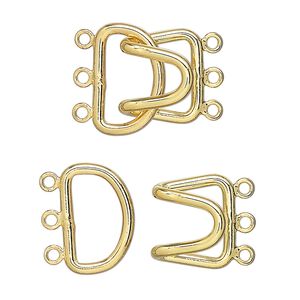 Clasp hook 1pkg10 gold-plated, 23x15mm, brass 3-strand