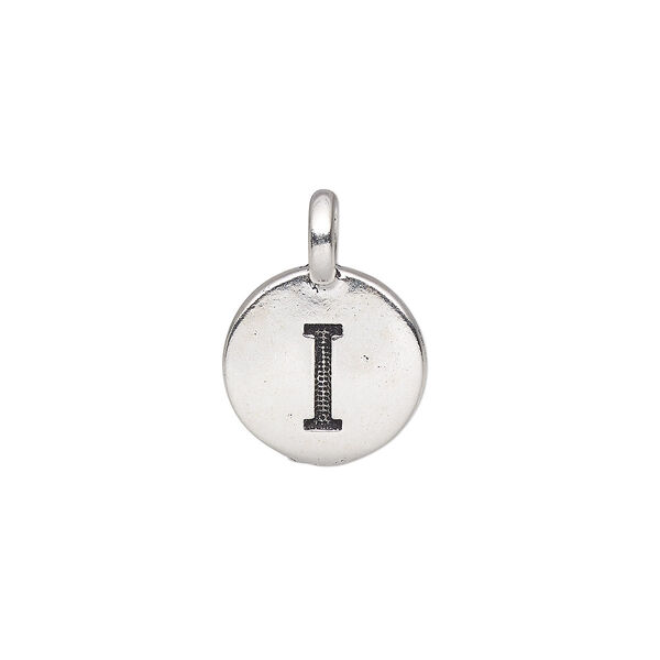Drop, TierraCast®, antique silver-plated pewter (tin-based alloy), 11.5mm single-sided round with textured alphabet letter "I." Sold per pkg of 2. image number 0