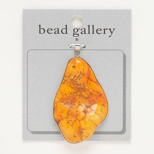 Pendant, antique silver-finished "pewter" (zinc-based alloy) and howlite (dyed), orange, 50x37mm freeform. Sold individually.