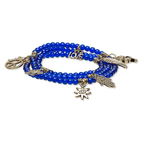 Bracelet, stretch wrap, glass and antique gold-finished "pewter" (zinc-based alloy), cobalt, 14mm wide with assorted shape, 6-1/2 inches. Sold individually. image number 0