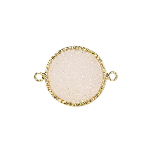Link, druzy agate (dyed) and gold-plated sterling silver, pink, 17-19mm hand-cut single-sided flat round with twisted wire design. Sold individually. image number 0