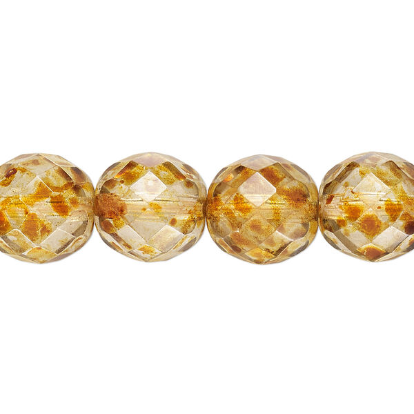Bead, Czech fire-polished glass, pkg/15-1/2 to 16 inches, 12mm faceted round, translucent tortoise gold, (00030-86800). image number 0