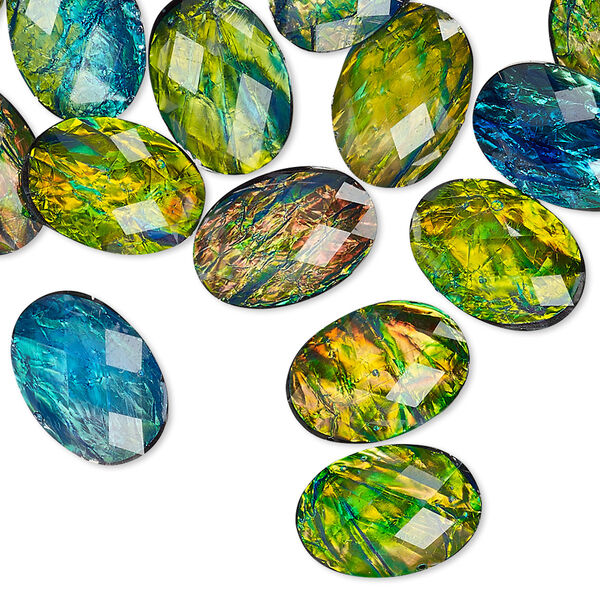 Cabochon, resin, opalescent black and multicolored, 14x10mm non-calibrated faceted oval. Sold per pkg of 20. image number 0