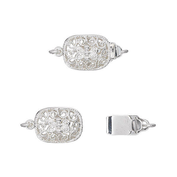 Clasp, tab, silver-plated brass, 12x9mm filigree oval. Sold per pkg of 4. image number 0