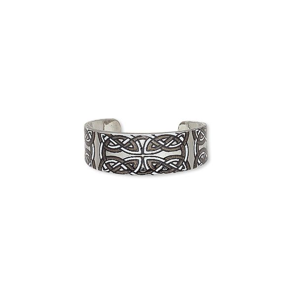 Ring, imitation rhodium-finished carbon steel, black and white, 6mm wide with Celtic knot design, adjustable. Sold per pkg of 4. image number 0
