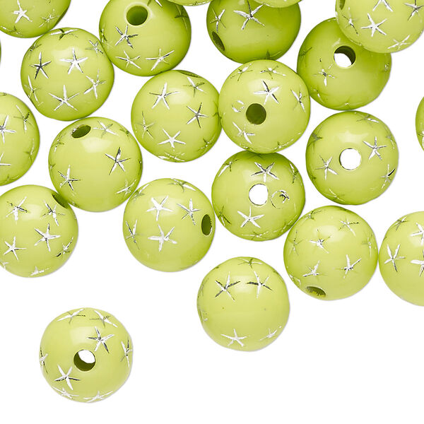 Bead, acrylic, lime green, 10mm round with star design. Sold per pkg of 100. image number 0
