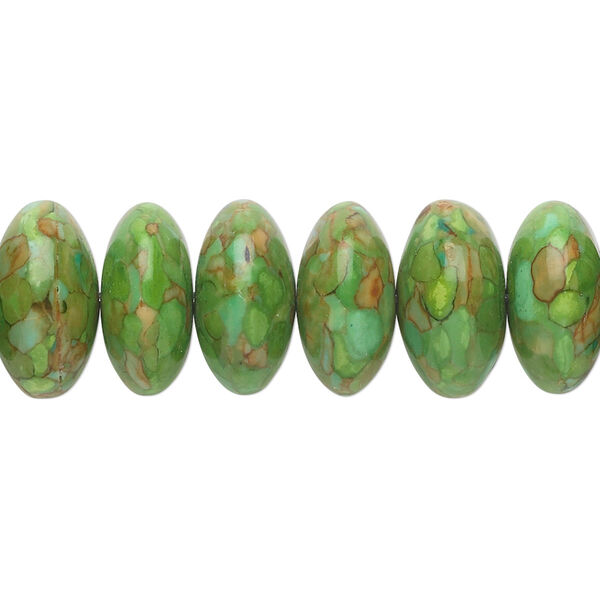 Bead, mosaic "turquoise" (magnesite) (dyed / assembled), green, 12x6mm-14x8mm rondelle, B grade, Mohs hardness 3-1/2 to 4. Sold per 15-1/2" to 16" strand. image number 0