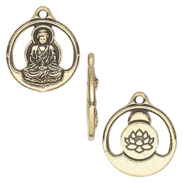 Drop, TierraCast®, antique gold-plated pewter (tin-based alloy), 21mm two-sided open round with Buddha and lotus design. Sold per pkg of 2. image number 0