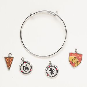 Bracelet and charm assortment, antique silver-finished brass / glass / enamel, red / orange / brown, Gryffindor theme, 7-1/2 inches. Sold per 5-piece set.