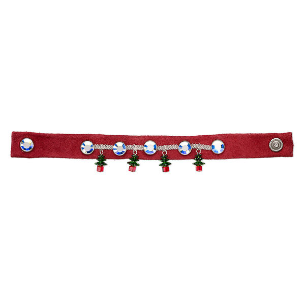 Bracelet, One of a Kind Jewelry, leather and crystal, red / green / clear AB, 7 inches. Only one available. image number 0