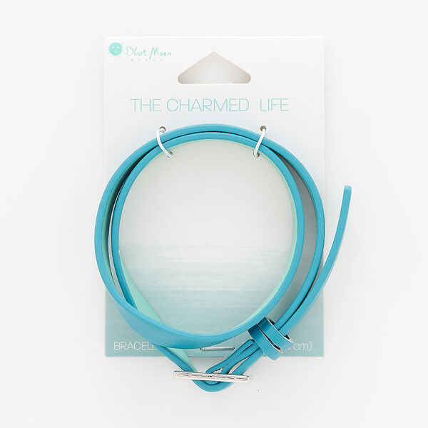 Bracelet, wrap, vinyl and silver-finished "pewter" (zinc-based alloy), turquoise blue, 10mm wide, 17 inches. Sold individually. image number 0