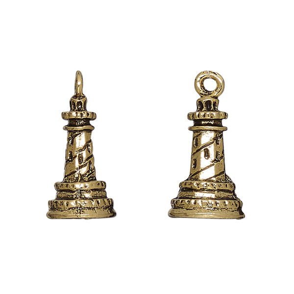 Charm, antique gold-plated pewter (tin-based alloy), 18.5x11.5mm 3D lighthouse. Sold per pkg of 2. image number 0