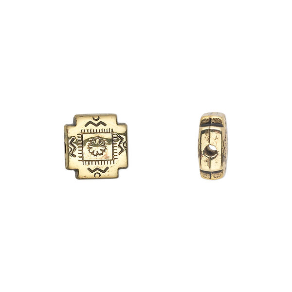 Bead, antiqued gold-finished copper-coated plastic, 10x10mm fancy flat square. Sold per 50-gram pkg, approximately 120 beads. image number 0