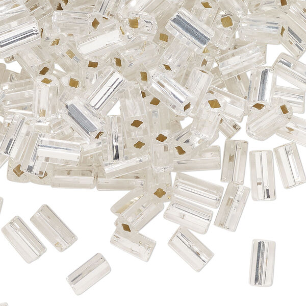 Bugle bead, glass, translucent silver-lined crystal clear, 7x3mm square tube. Sold per 50-gram pkg, approximately 800 beads. image number 0