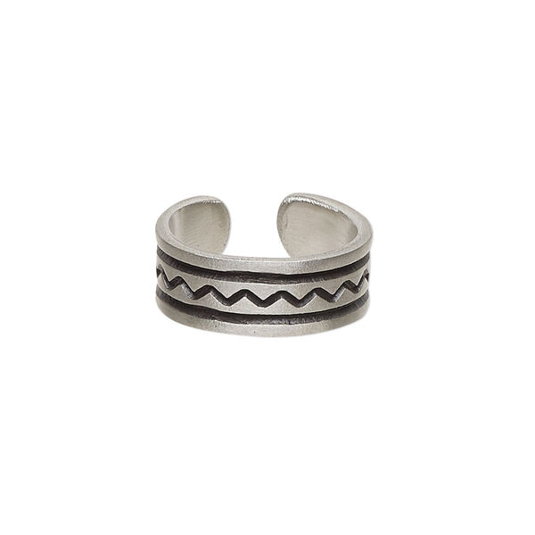 Toe ring, Everyday Jewelry, antiqued pewter, 6.5mm wide with zigzag and line design, adjustable. Sold individually. image number 0
