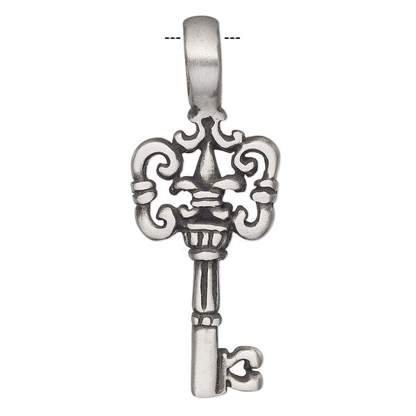 Pendant, Powerful Pewter Pendants, antiqued pewter (tin-based alloy), 44x17mm single-sided key with 6mm hole. Sold individually. image number 0