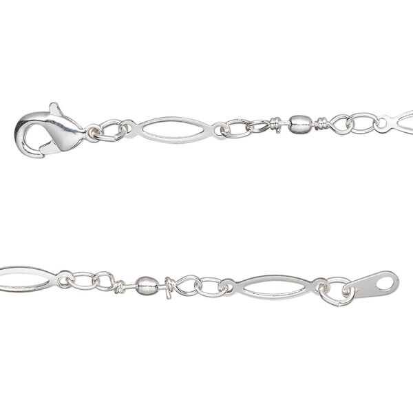 Chain, silver-plated brass, 11x2mm open oval and handmade wire-wrapped links with 2mm ball, 18 inches with lobster claw clasp. Sold individually. image number 0