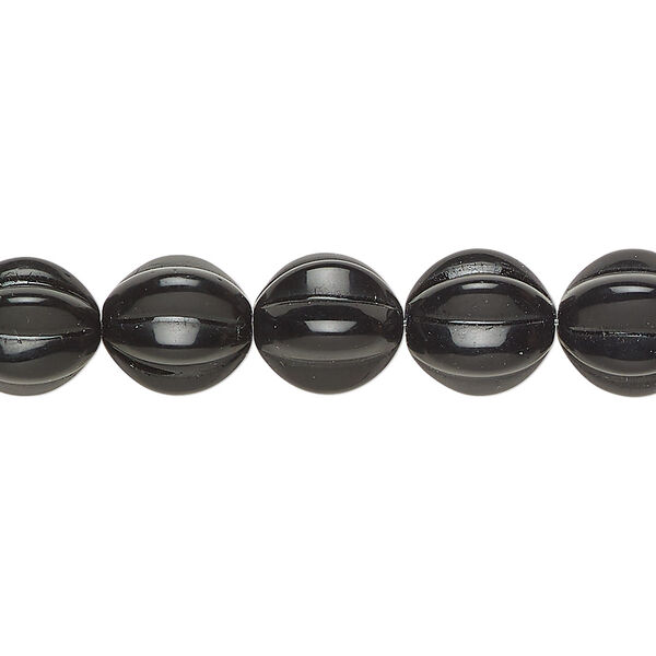 Bead, Czech pressed glass, opaque black, 10mm corrugated round. Sold per 7-inch strand, approximately 15 beads. image number 0