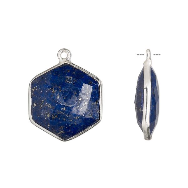 Drop, lapis lazuli (natural) and sterling silver, 18x17mm-20x18mm hand-cut double-sided faceted hexagon. Sold individually. image number 0
