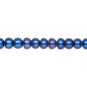 Pearl, cultured freshwater (dyed), iris blue, 5-6mm button, C grade, Mohs hardness 2-1/2 to 4. Sold per 15-1/2" to 16" strand.