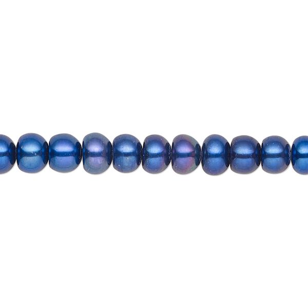 Pearl, cultured freshwater (dyed), iris blue, 5-6mm button, C grade, Mohs hardness 2-1/2 to 4. Sold per 15-1/2" to 16" strand. image number 0