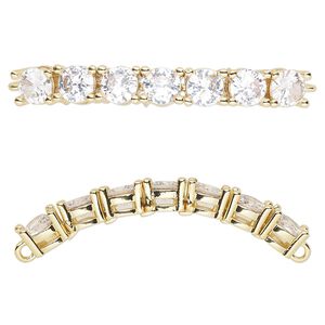 Focal, cubic zirconia and gold-plated brass, clear, 40x5mm curved rectangle. Sold individually.